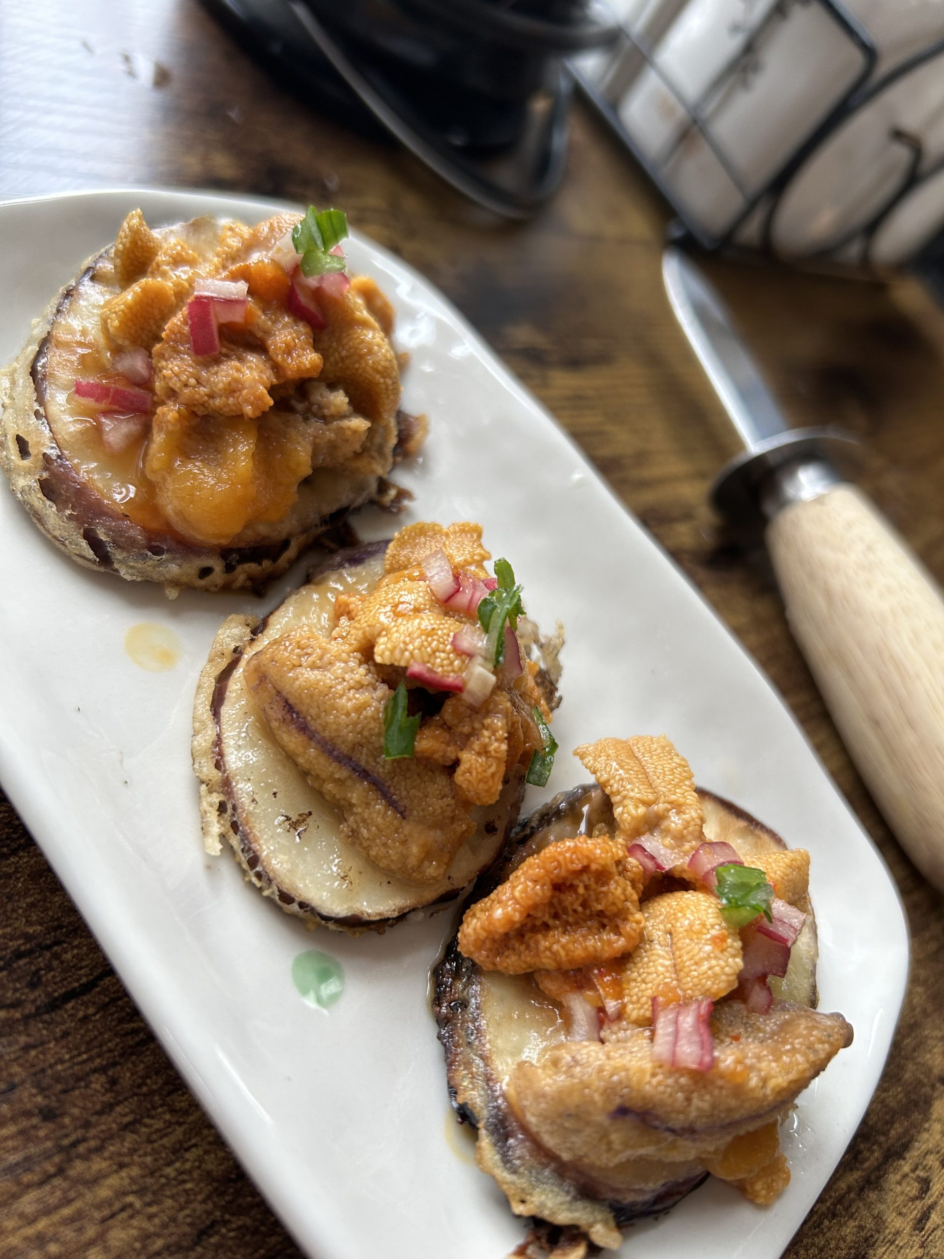 Fresh Sea Urchin with Yuzu Kosho Mignonette on Eggplant Tempura – Dear ...